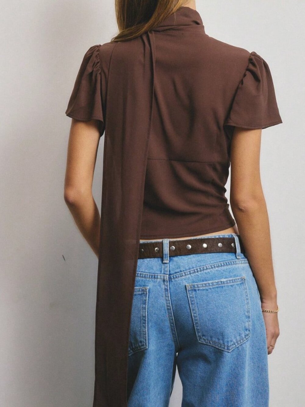 Brown Elegant Women's High Neck Scarf-Detail Puff Sleeve Button Front Woven Top - Picture 3 of 8